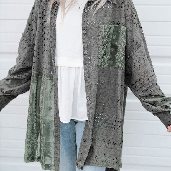 Duffel Green Eyelet Pattern Patchwork Oversized Button Up Shacket Bohemian style - Picture 3 of 15